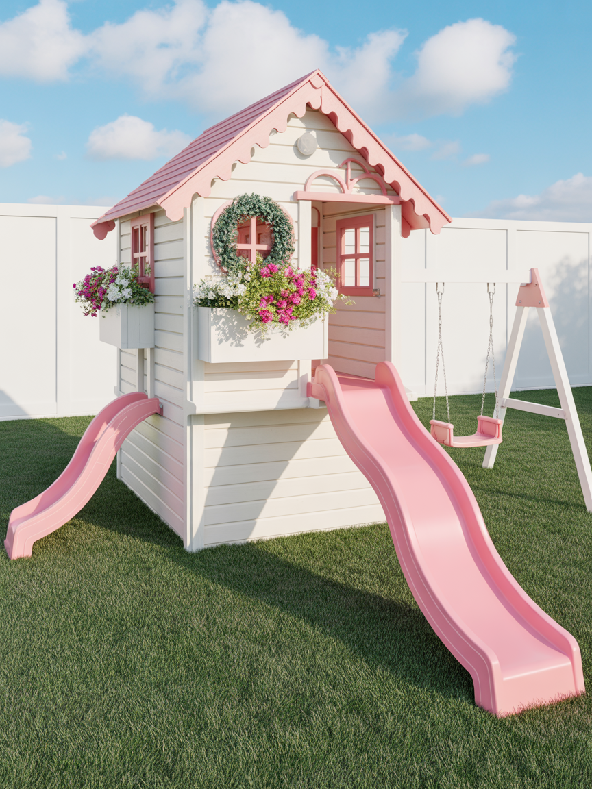 Charming Wooden Playhouse with Dual Slides & Swings | Cute Outdoor Playground for Kids Backyard Fun