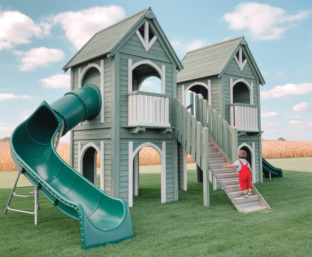Luxury Wooden Castle Playground with Twin Towers, Spiral Tube Slide & Staircase | Safe Outdoor Playhouse for Kids