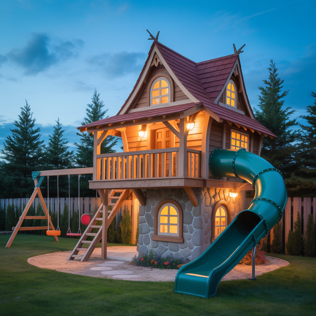 Whimsical Wooden Playhouse with Spiral Slide & Swings | Two-Story Outdoor Playground for Kids Adventure