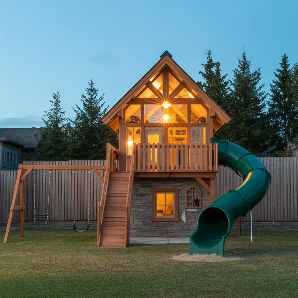 Two-Story Wooden Playhouse with Spiral Tube Slide & Swings | Outdoor Castle Playground for Kids Backyard Fun