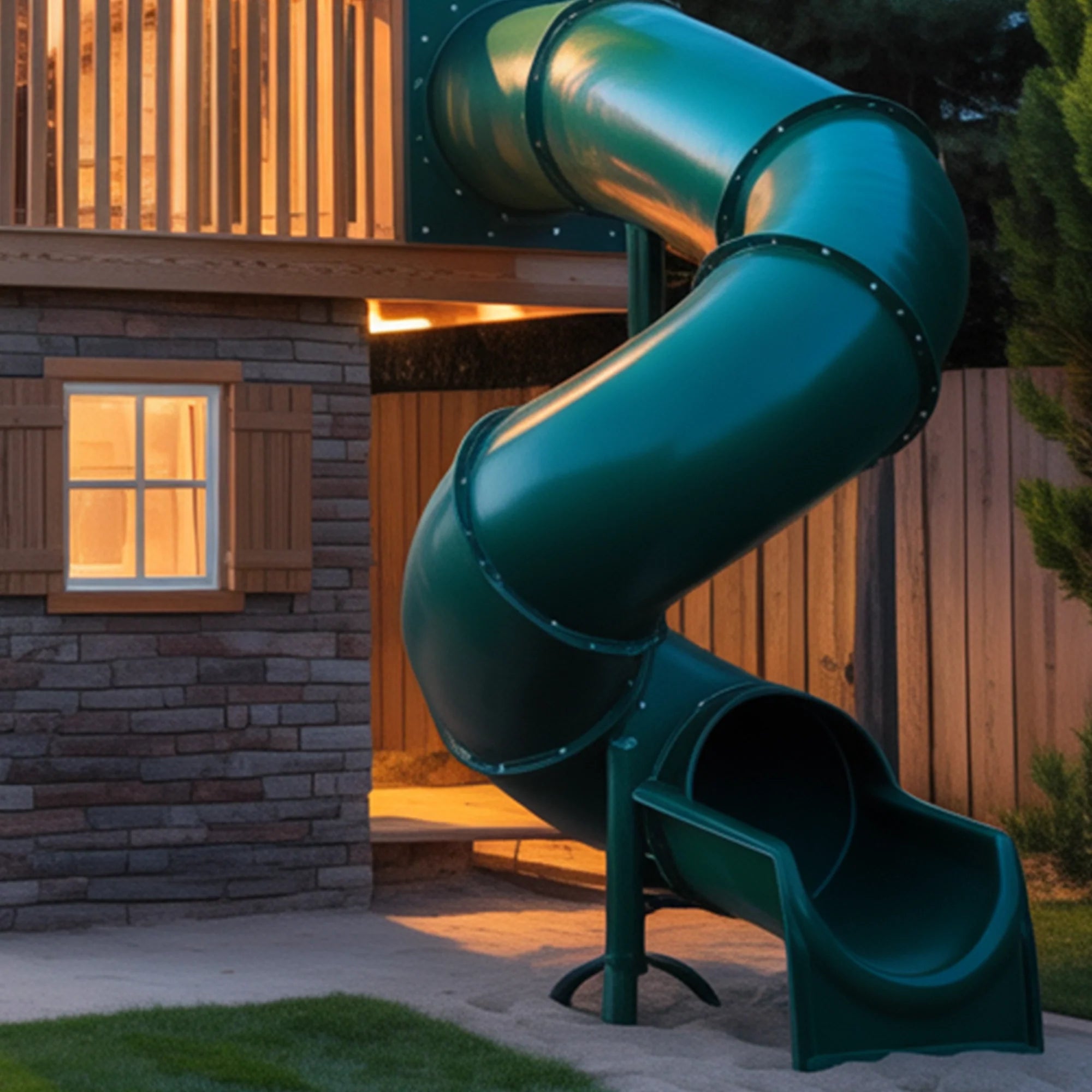 Luxury Wooden Playhouse with Spiral Tube Slide & Swings | Two-Story Outdoor Playground for Kids Backyard Fun