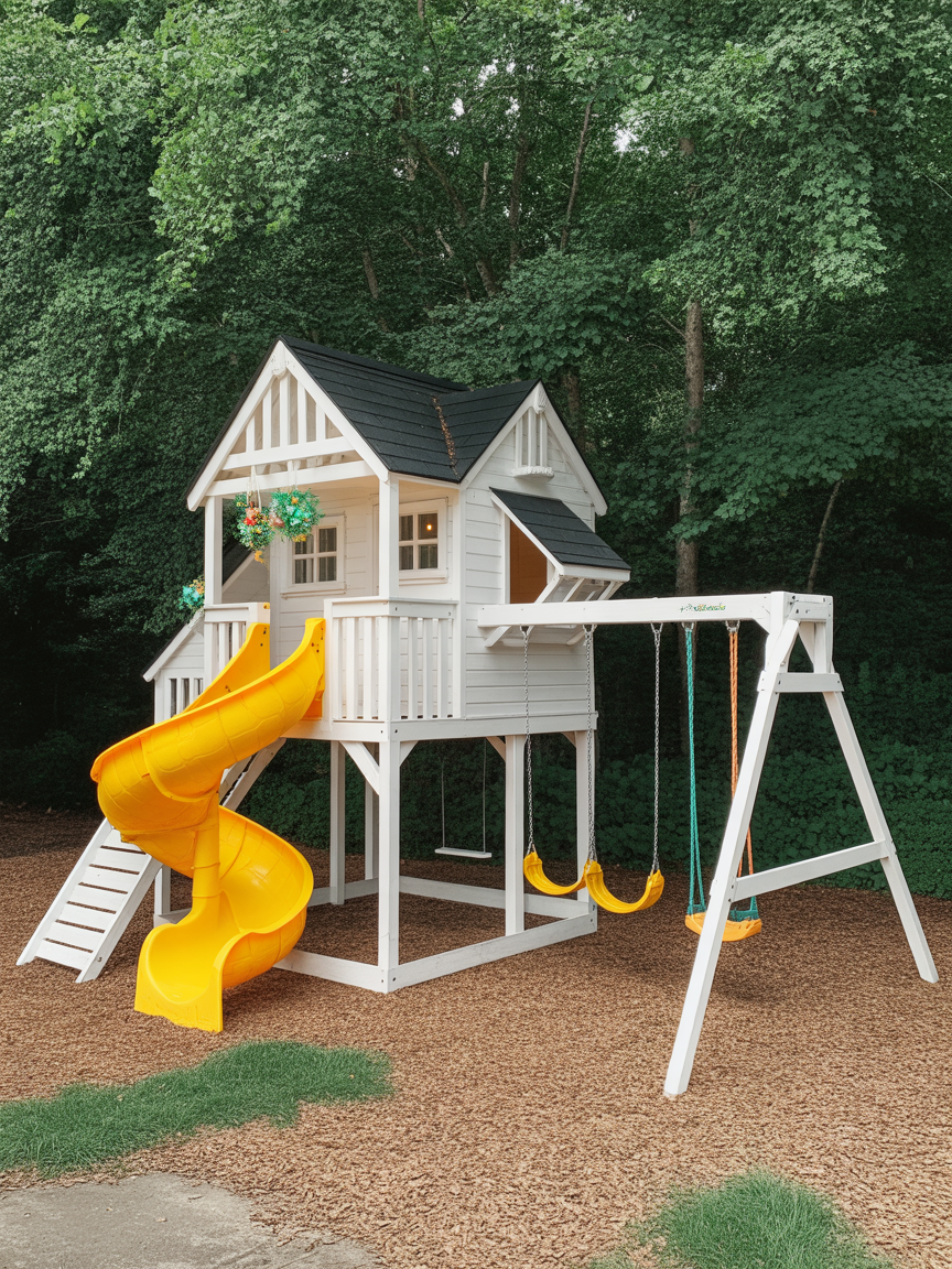 Two-Story Wooden Playhouse with Spiral Tube Slide & Swings | Outdoor Kids Backyard Playground