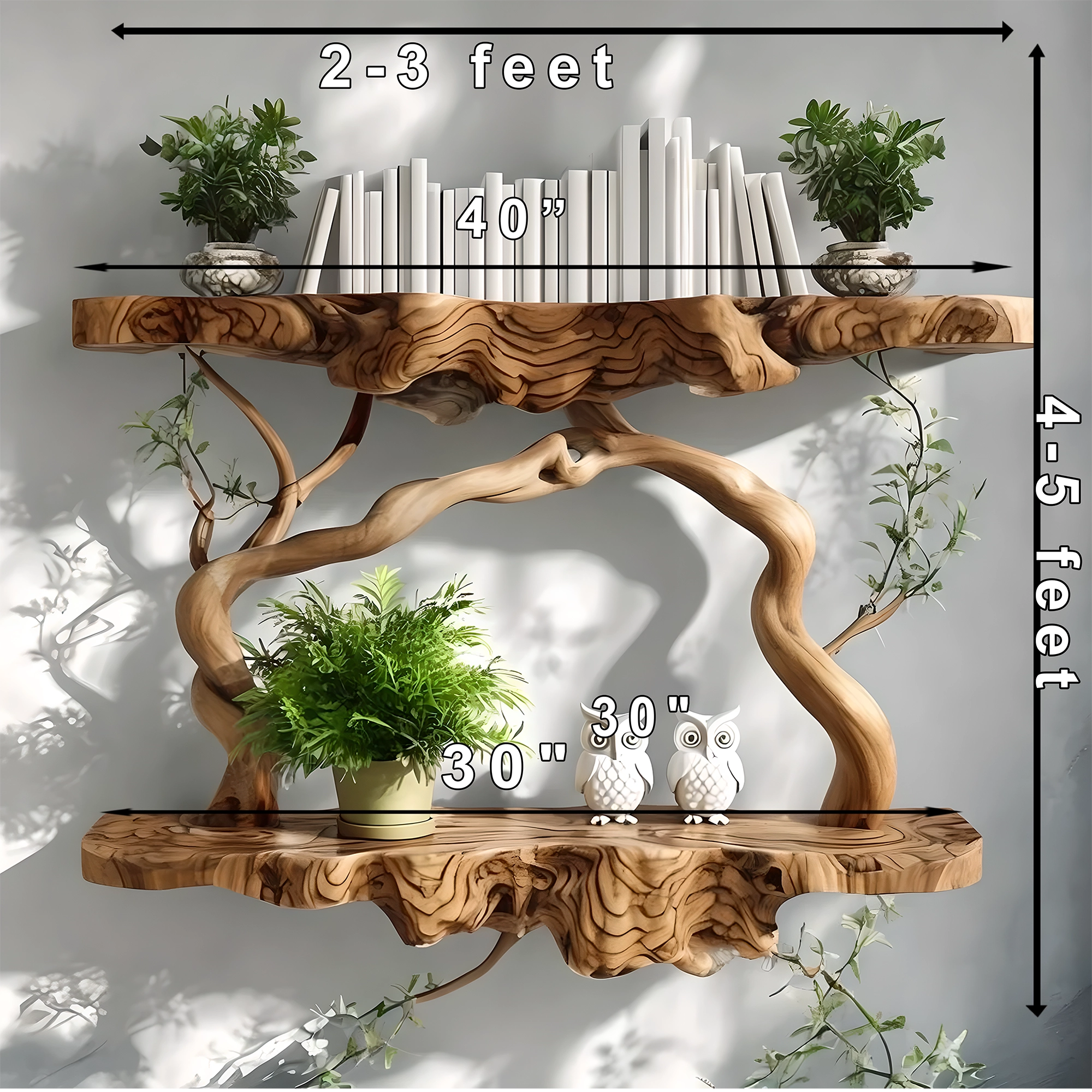 Solid wood rustic floating shelves, tree branch-shaped floating shelves 