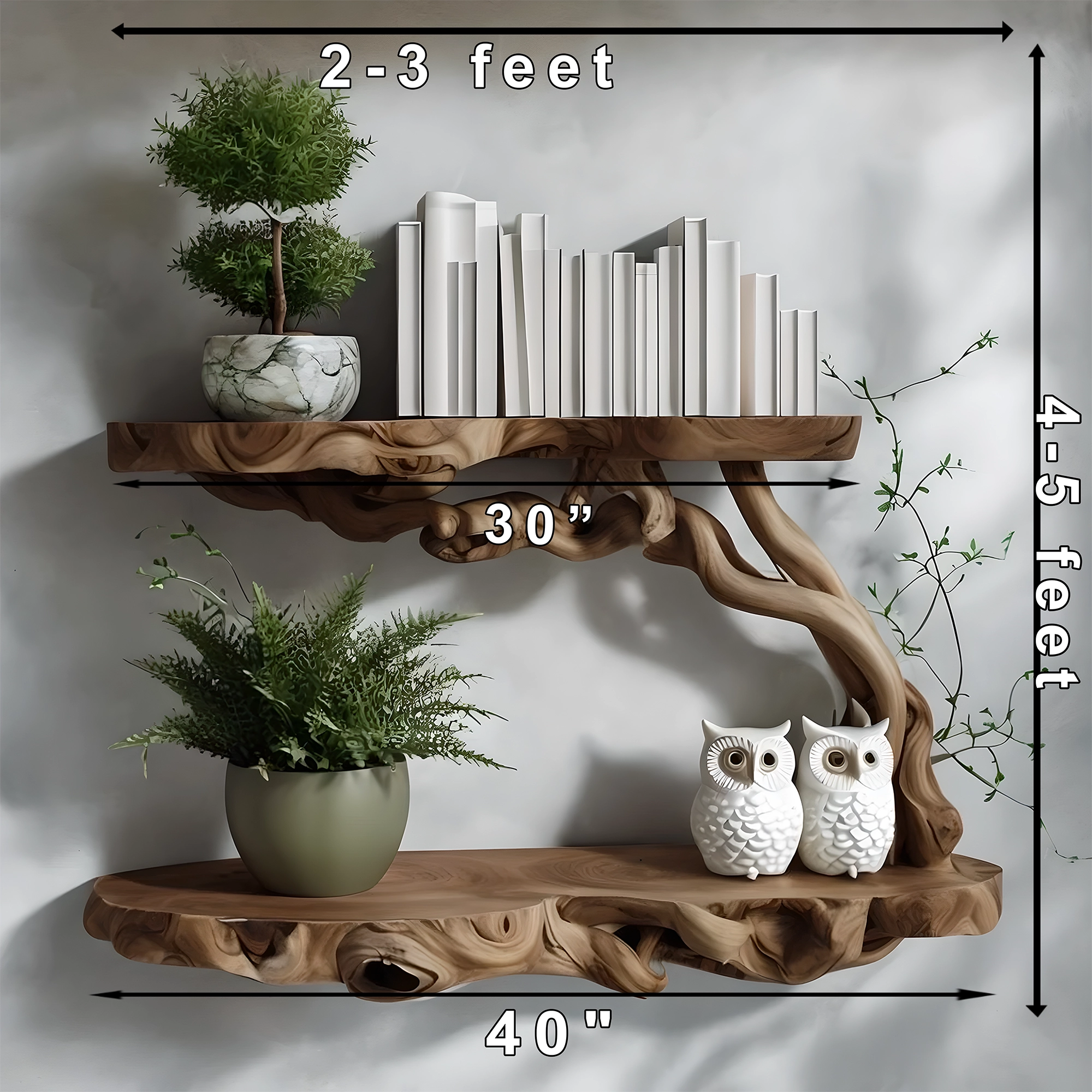 Solid wood floating shelf with decorative tree branches 