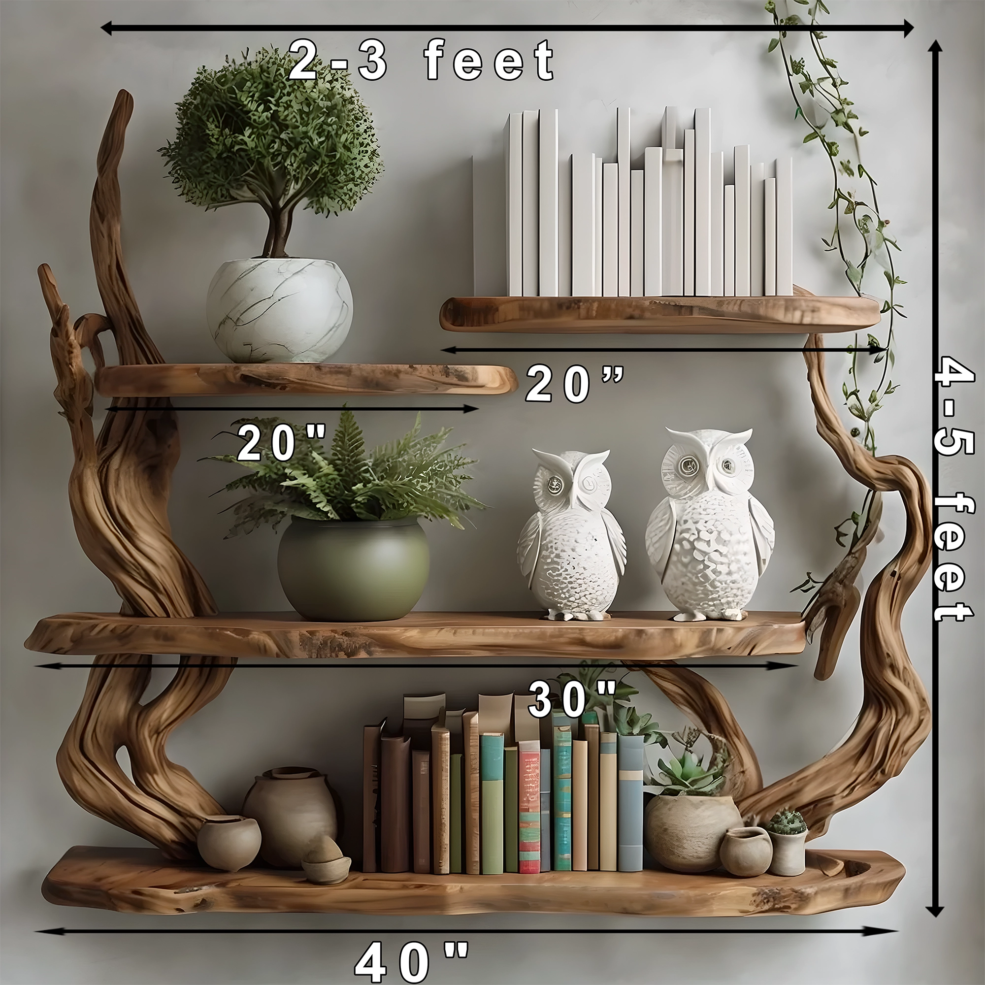 Handmade driftwood bookshelf, wall-mounted bookshelf 