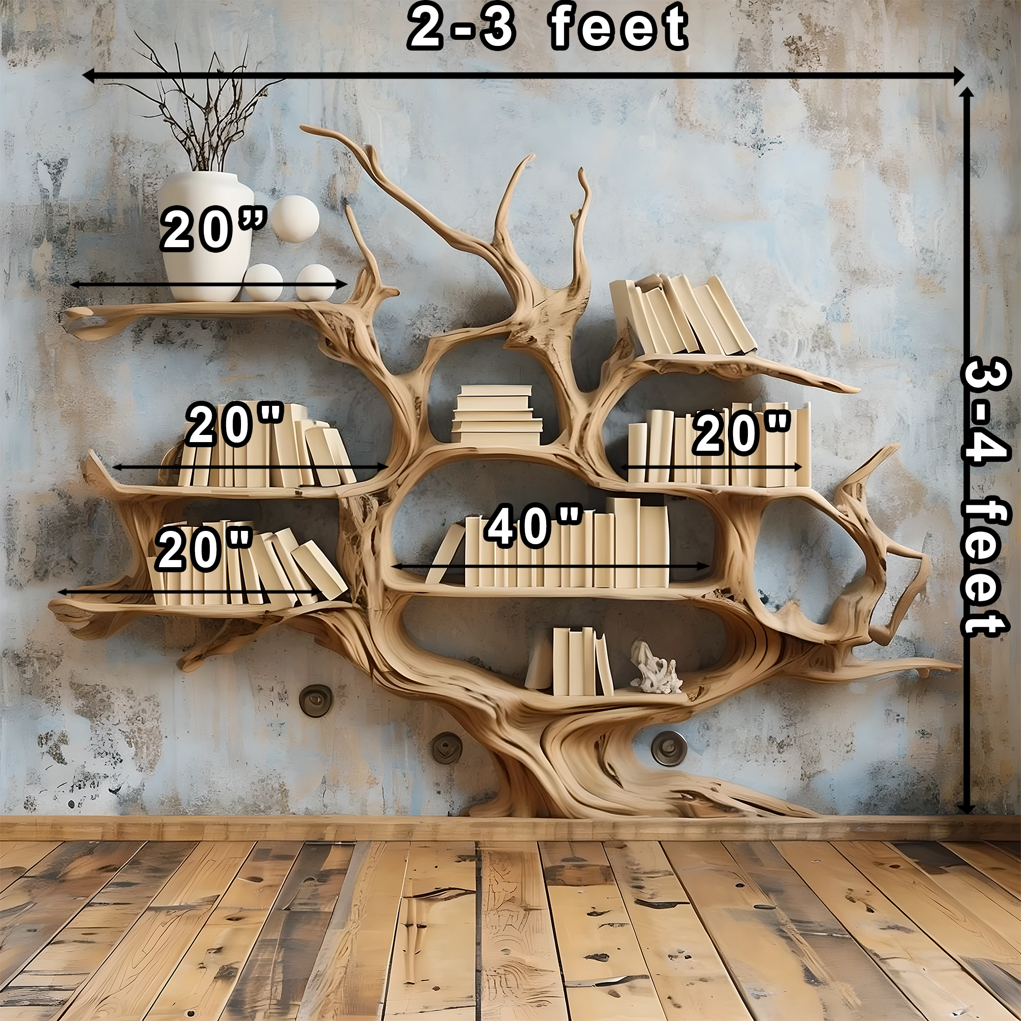 Natural wooden bookshelf. Bookshelf for home decoration 