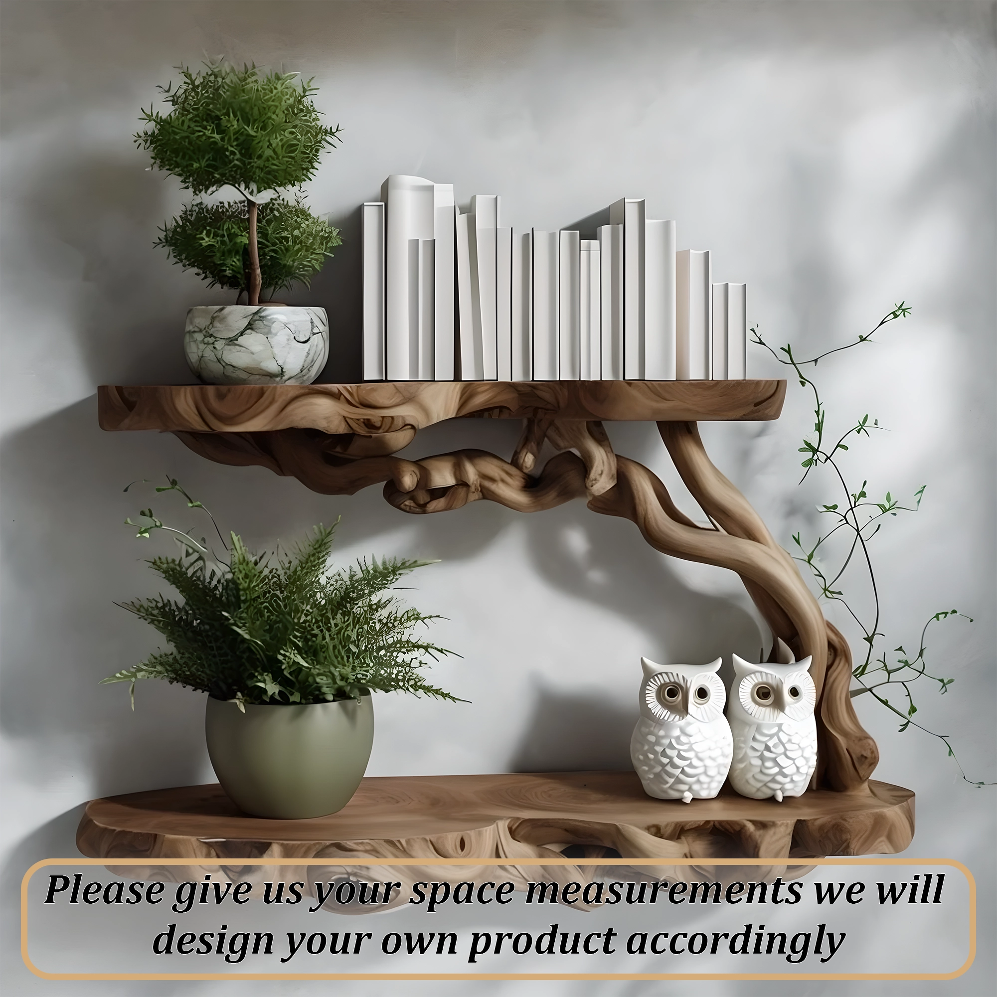 Solid wood floating shelf with decorative tree branches 