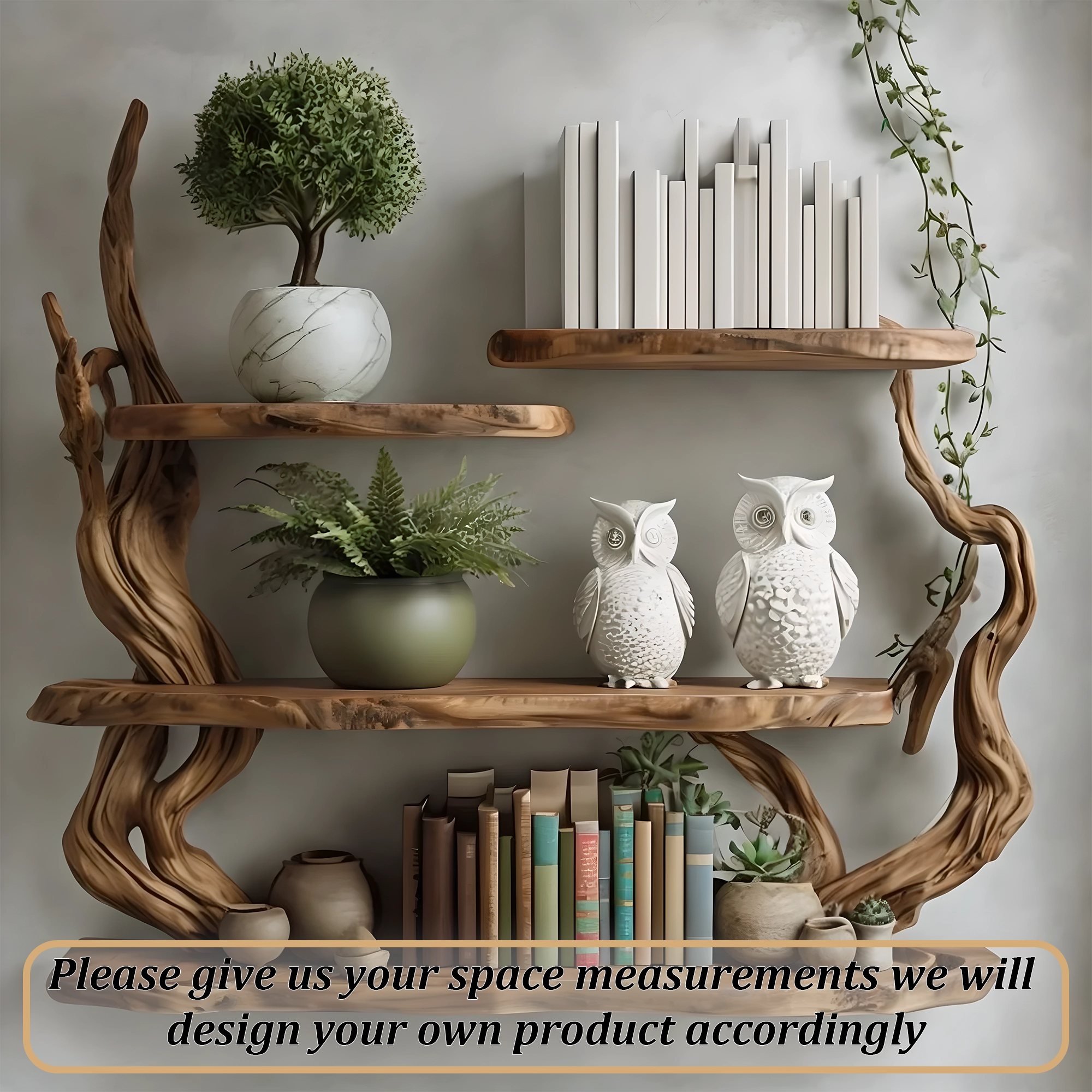 Handmade driftwood bookshelf, wall-mounted bookshelf 