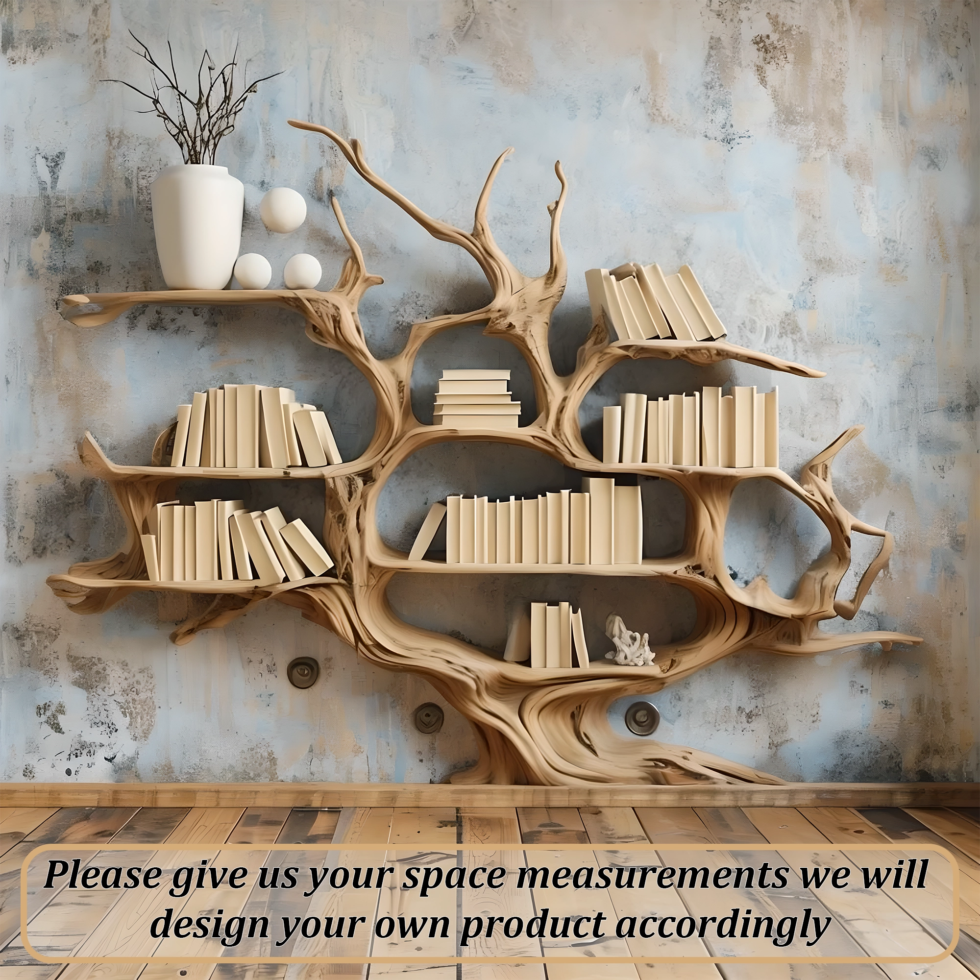 Natural wooden bookshelf. Bookshelf for home decoration 