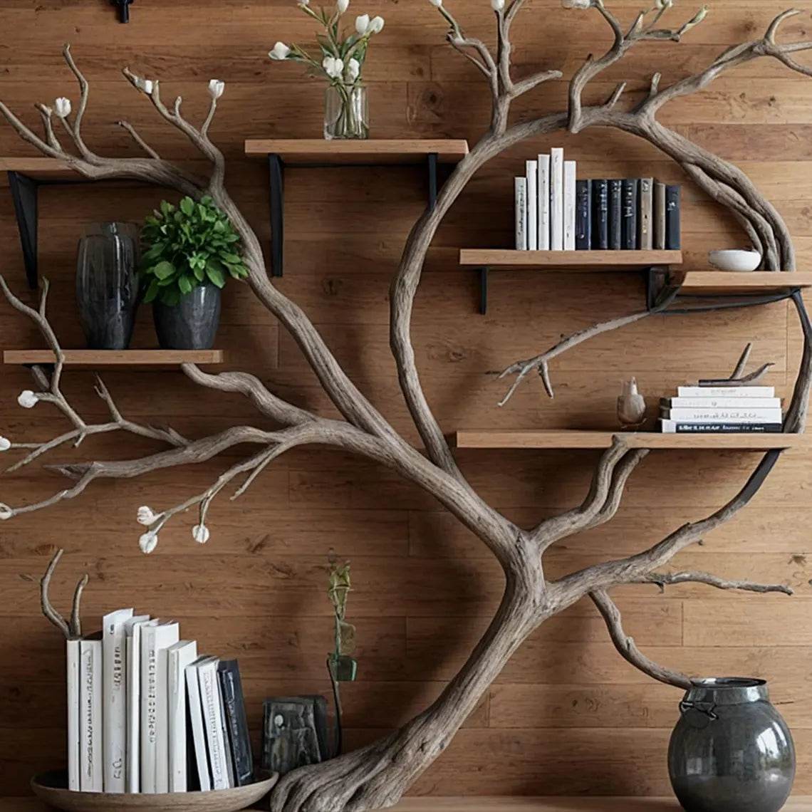 Tree bookshelf for living room or bedroom Handmade wooden furniture Driftwood branches bookshelves solid wood floating wall shelves. 