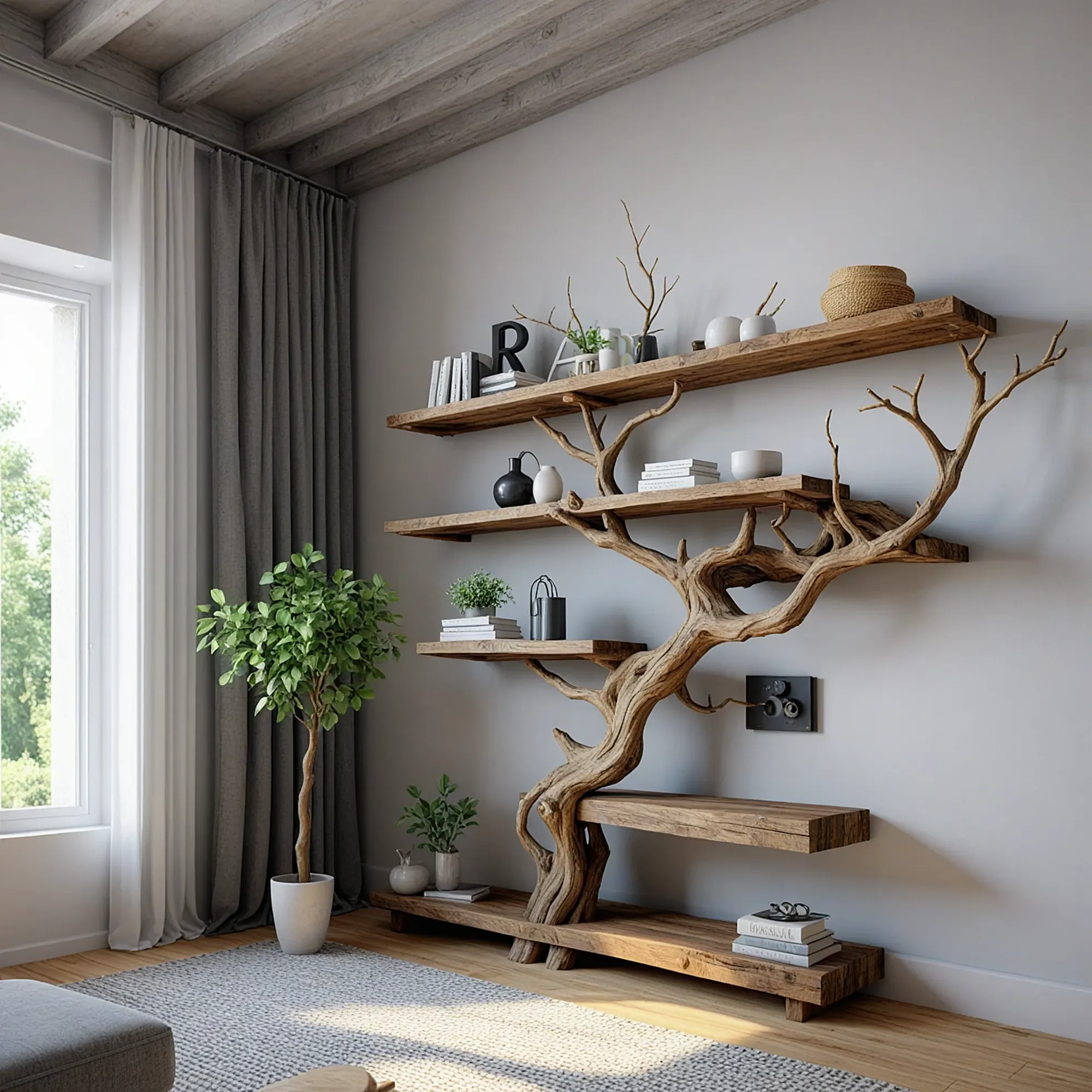 Tree branch shelf wall mount bookshelf custom bookcase driftwood shelf solid wood bookcase bookshelf decor 